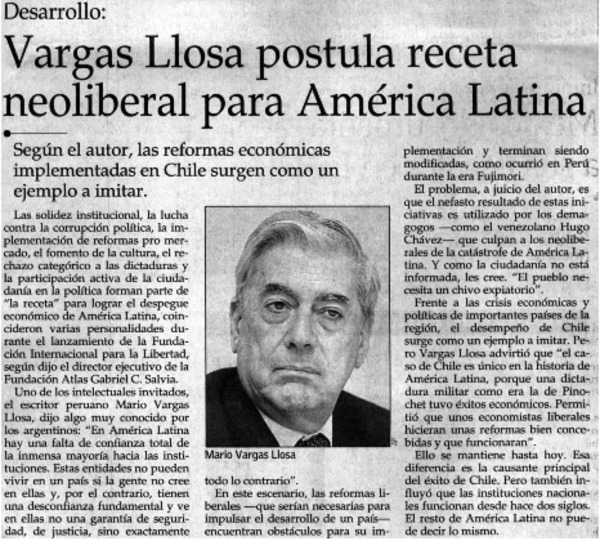 Vargas Llosa postula receta noeliberal para América Latina.