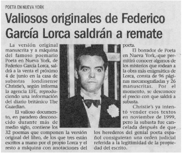 Valiosos originales de Federico García Lorca saldrán a remate.