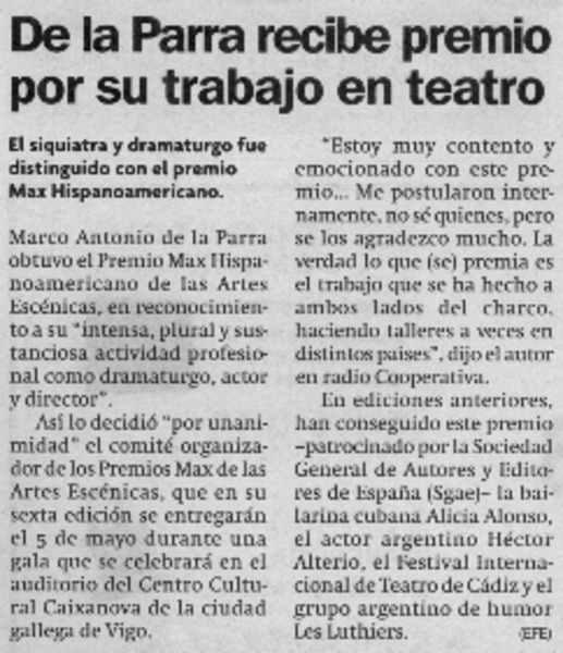 De la Parra recibe premio por su trabajo en teatro