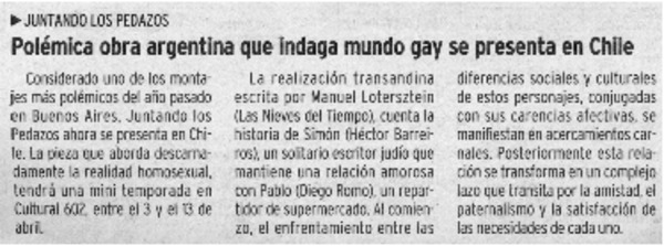 Polémica obra argentina que indaga mundo gay se presenta en Chile.