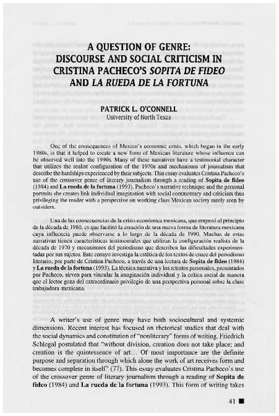 A question of genre, discourse and social criticism in Cristina Pacheco's Sopita de fideo and La rueda de la fortuna