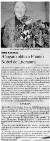 Húngaro obtuvo Premio Nobel de Literatura