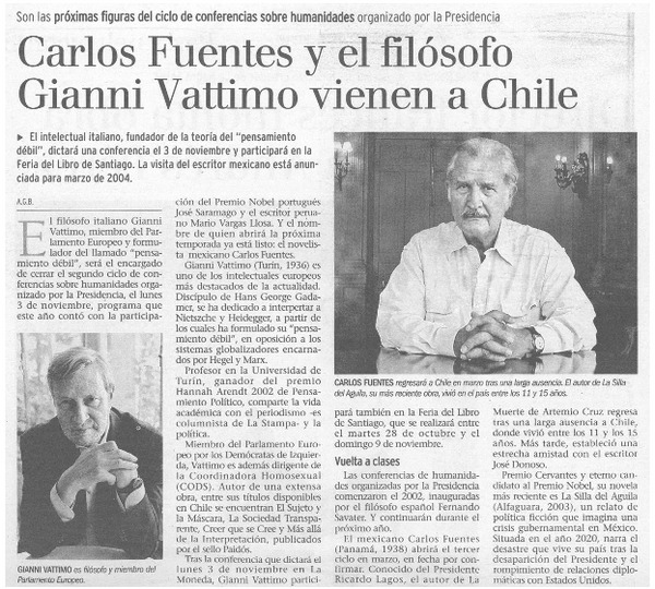Carlos Fuentes y el filósofo Gianni Vattimo vienen a Chile