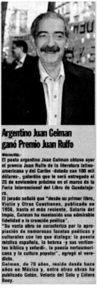 Argentino Juan Gelman ganó Premio Juan Rulfo