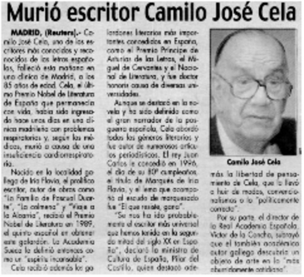 Murió escritor Camilo José Cela