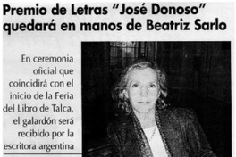Premio de Letras "José Donoso" quedará en manos de Beatriz Sarlo.