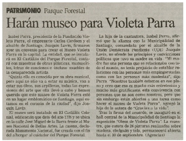 Harán museo para Violeta Parra.