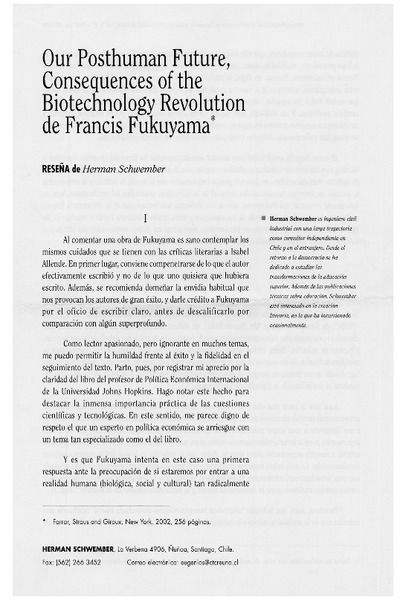 Our Posthuman future, consequences of the biotechnology revolution de Francis Fukuyama