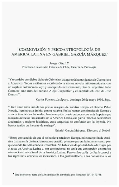 Cosmovisión y psicoantropología de América Latina en Gabriel García Márquez