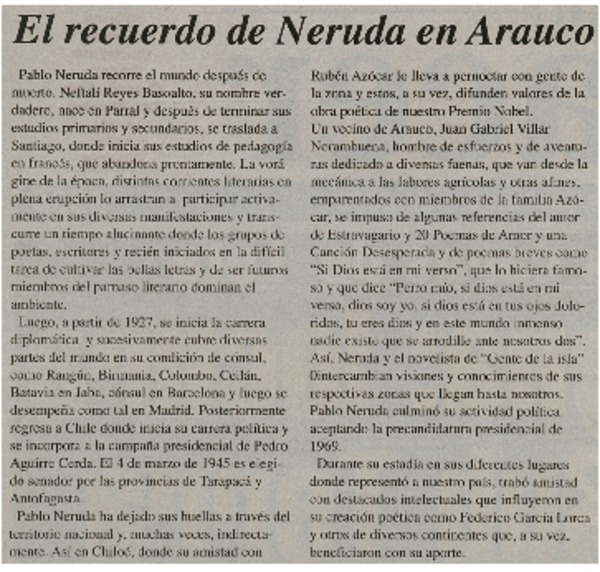 El recuerdo de Neruda en Arauco.