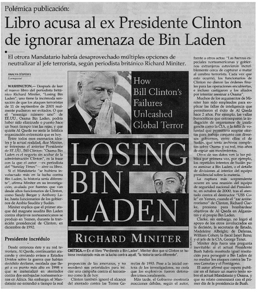 Libro acusa al ex presidente Clinton de ignorar amenaza de Bin Laden