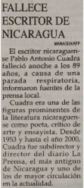 Fallece escritor de Nicaragua