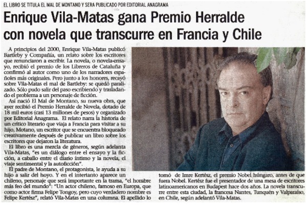 Enrique Vila-Matas gana Premio Herralde con novela que transcurre en Francia y Chile.