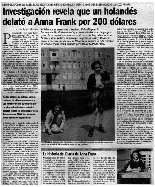 Investigación revela que un holandés delató a Anna Frank por 200 dólares