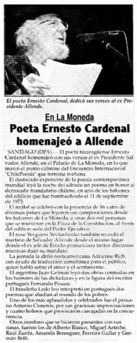 Poeta Ernesto Cardenal homenajeó a Allende.