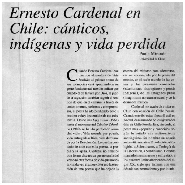 Ernesto Cardenal en Chile: cánticos, indígenas y vida perdida