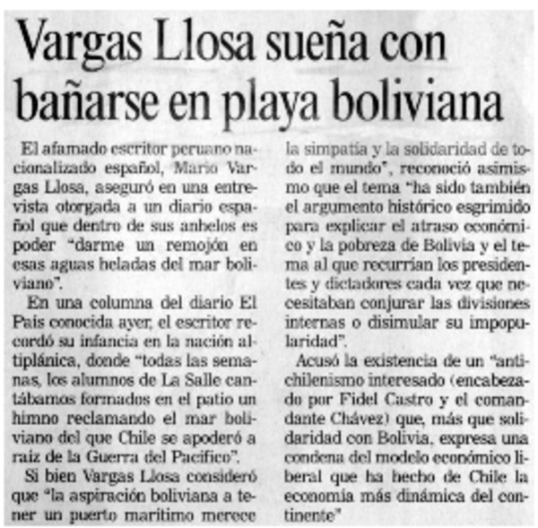 Vargas Llosa sueña con bañarse en playa boliviana