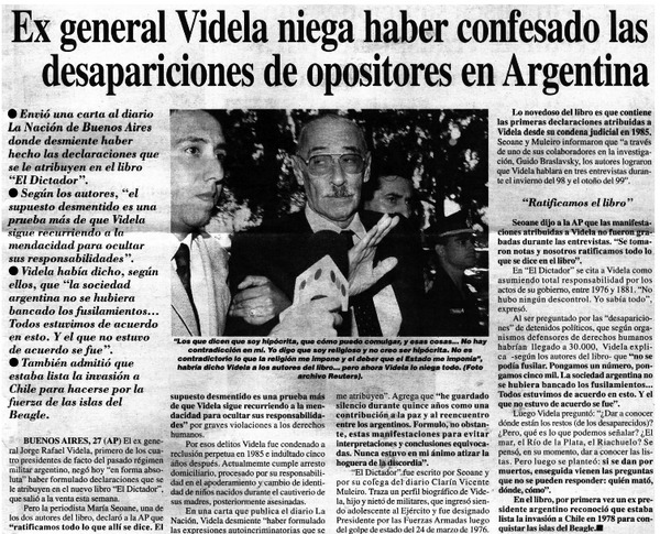 Ex general Videla niega haber confesado las desapariciones de opositores en Argentina.