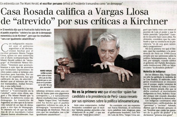 Casa Rosada califica a Vargas Llosa de "atrevido" por sus críticas a Kirchner.