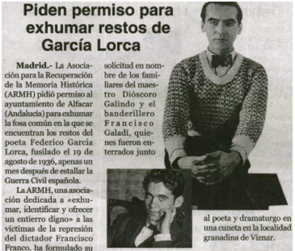 Piden permiso para exhumar restos de García Lorca.