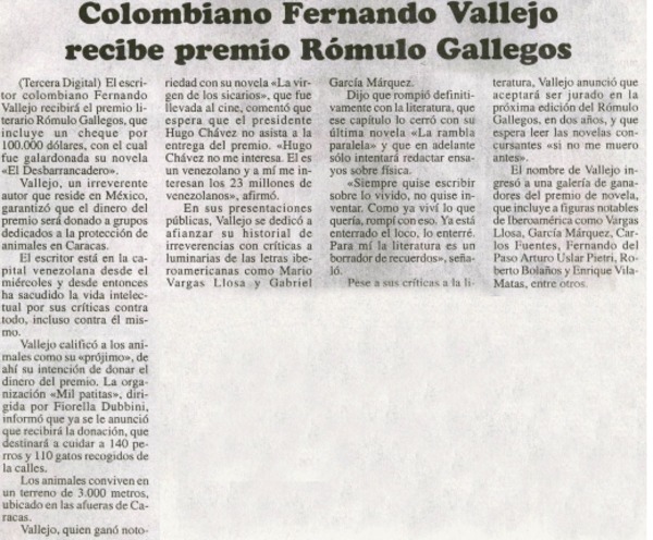 Colombiano Fernando Vallejo recibe premio Rómulo Gallegos.