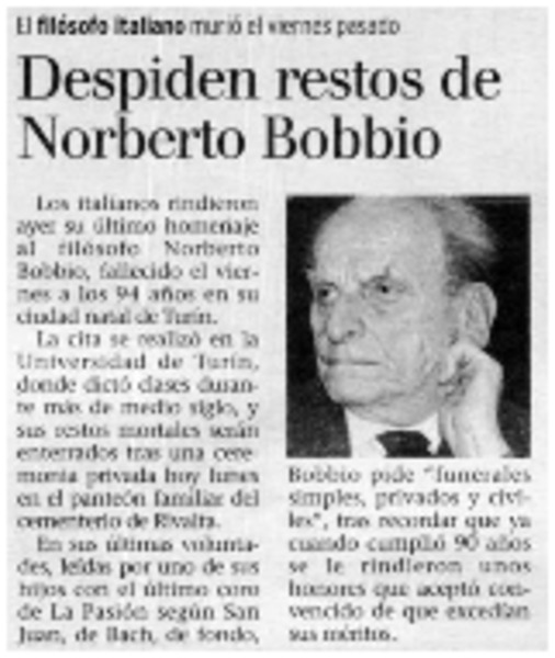 Despiden restos de Norberto Bobbio.