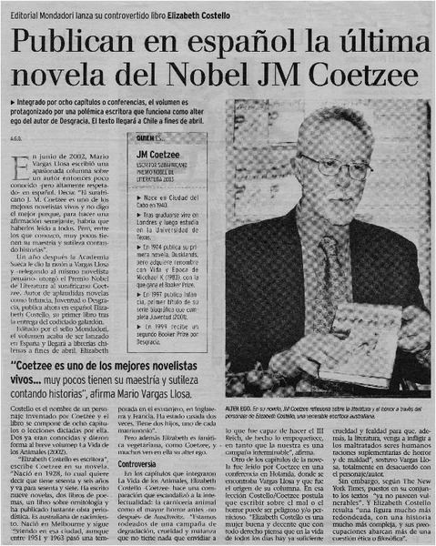 Publican en español la última novela del Nobel J. M. Coetzee