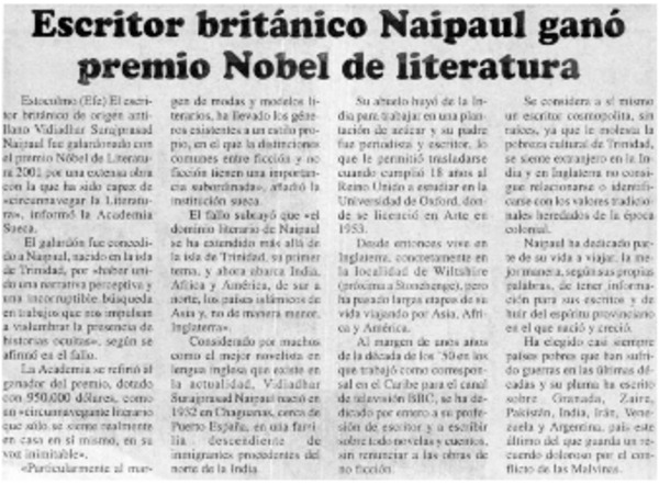 Escritor británico Naipaul ganó Premio Nobel de Literatura.