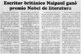 Escritor británico Naipaul ganó Premio Nobel de Literatura.