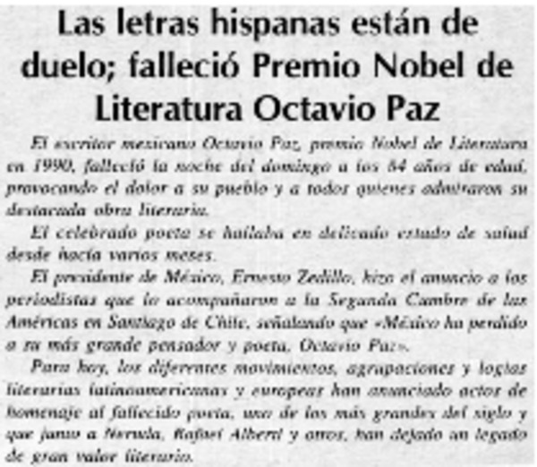 Las letras hispanas están de duelo ; falleció Premio Nobel de Literatura Octavio Paz