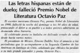 Las letras hispanas están de duelo ; falleció Premio Nobel de Literatura Octavio Paz