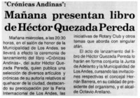 "Crónica Andinas" mañana presentan libro de Héctor Quezada Pereda.
