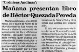 "Crónica Andinas" mañana presentan libro de Héctor Quezada Pereda.