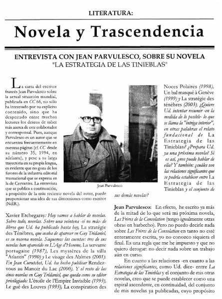 Novela y trascendencia. Entrevist con Jean Parvulesco, sobre su novela "La Estrategia de las [artículo] - Biblioteca Digital de Chile
