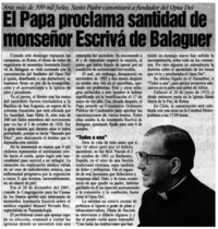 El Papa proclama santidad de monseñor Escrivá de Balaguer.