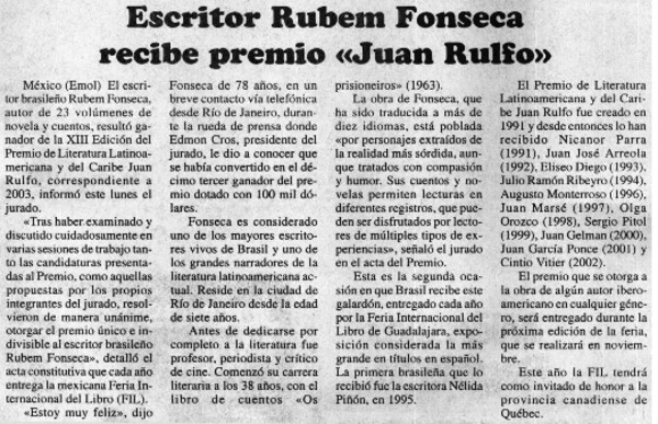 Escritor Rubem Fonseca recibe premio "Juan Rulfo".