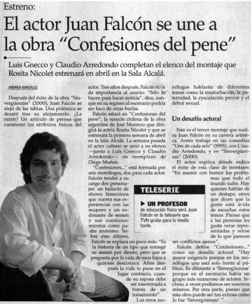 El actor Juan Falcón se una a la obra "Confesiones del Pene"