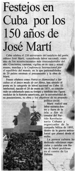 Festejos en Cuba por los 150 años de José Martí