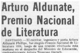 Arturo Aldunate, Premio Nacional de Literatura.