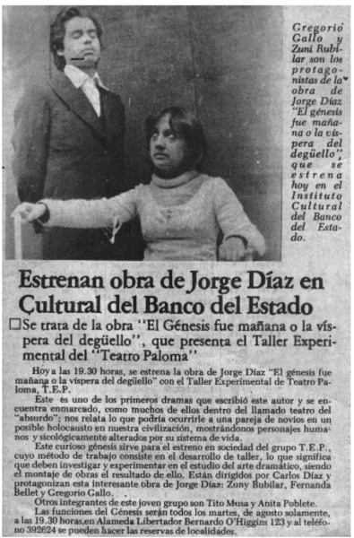 Estrenan obra de Jorge Díaz en cultural del Banco del Estado.
