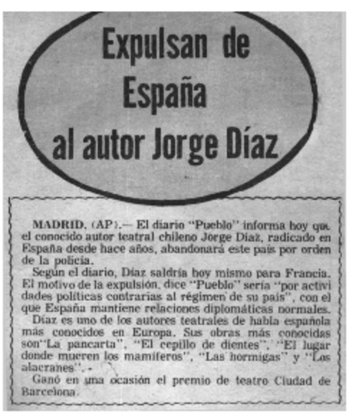 Expulsan de España al autor Jorge Díaz.