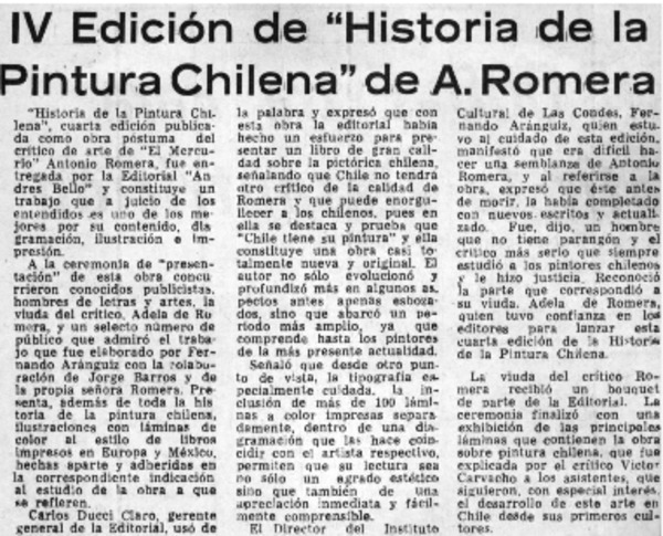 IV Edición de "Historia de la Pintura Chilena" de A. Romera.