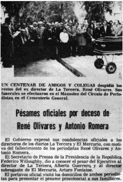 Pésames oficiales por deceso de Renè Olivares y Antonio Romera.