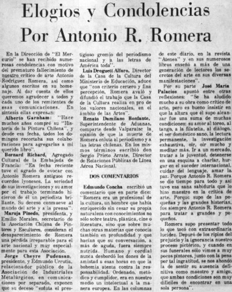 Elogios y condolencias por Antonio R. Romera.