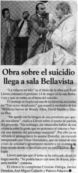 Obra sobre el suicidio llega a sala Bellavista.