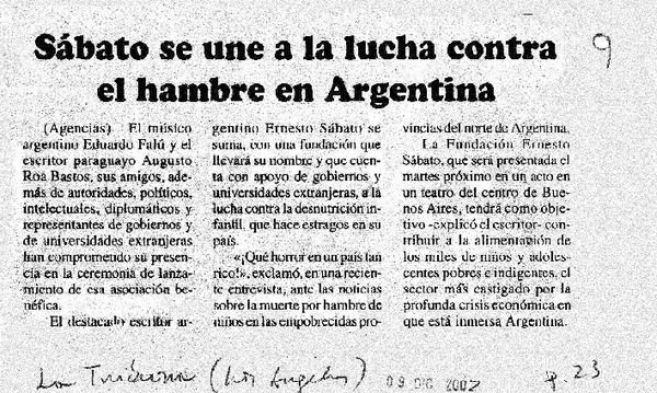 Sábato se une a la lucha contra el hambre en Argentina.