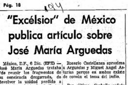 Excélsior" de México publica artículo sobre José María Arguedas.