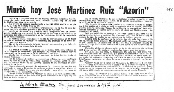 Murió hoy José Martínez Ruiz "Azorín".