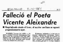 Falleció el poeta Vicente Aleixandre.