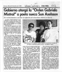 Gobierno otorgó la "Orden Gabriela Mistral" a poeta sueca Sun Axelsson.